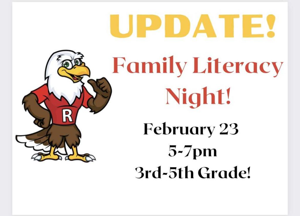 White background with Rossview Hawk wearing a Red Rossview shirt. Text states: Update! Family Literacy Night! February 23 5-7pm, 3rd-5th grade!