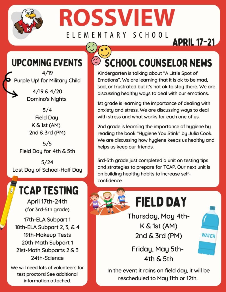 Rossview Parent Newsletter, Updates for the week of April 17th to April 21st